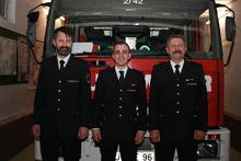 Der neu gewählte Abteilungskommandant Christian Streib (Mitte) mit seinem stellvertreter Jürgen Steinhilber (Links) sowie dem scheidenden Abteilungskommandant Thomas Schlegel (Rechts) 